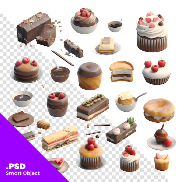 PSD collection of different cakes on a white background 3d rendering psd template