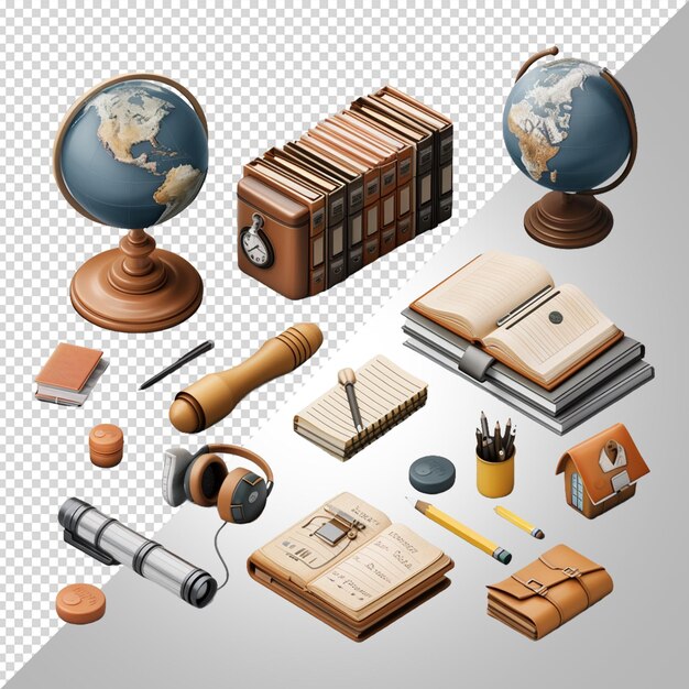 A collection of different objects including a globe and a globe