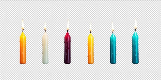PSD collection of different shapes and color patterns of birthday candles burning in rows ai generative