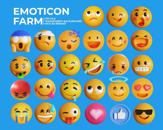 PSD una raccolta di emoticon per ogni reazione icona 3d ad alto rendering