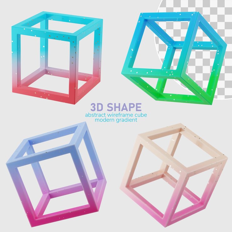 PSD 현대적인 다채로운 캔디 그라데이션이 있는 부동 3d 양식 와이어프레임 큐브 모음