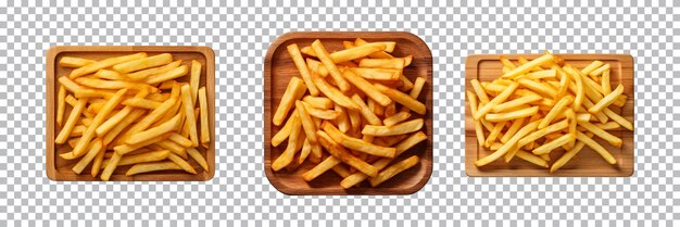 PSD collection of french fries on a wooden board isolated on a transparent background top view