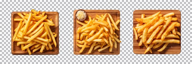 PSD collection of french fries on a wooden board isolated on a transparent background top view