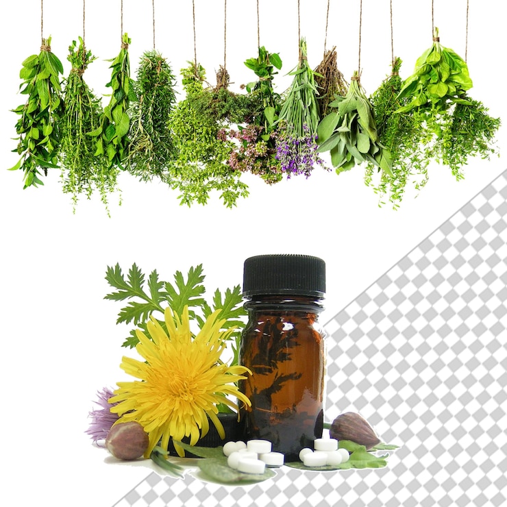 PSD collection of fresh and dried herbs natural medicine wellness and health