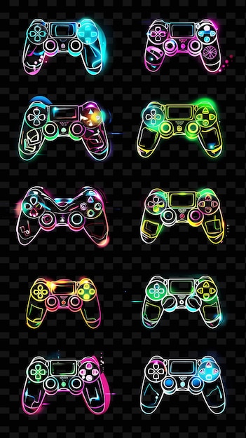 PSD collection of game controller icons with pulsating neon glo set png iconic y2k shape art decorativew