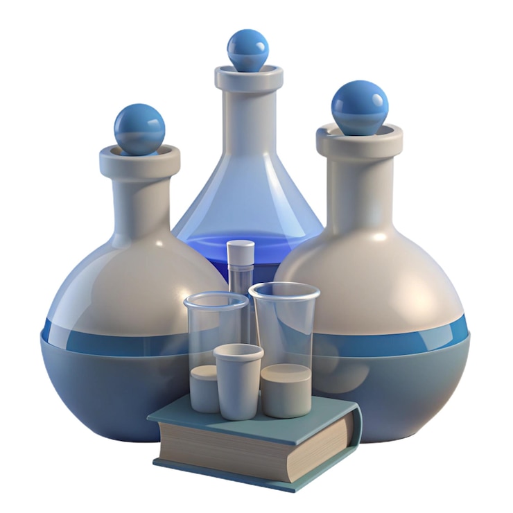PSD a collection of glass vases with blue lids and a book on top of them