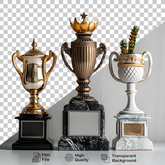 A collection of golden trophies isolated on transparent background
