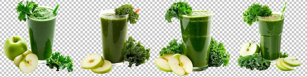 PSD collection green smoothie with kale and apple slices isolated on transparent background