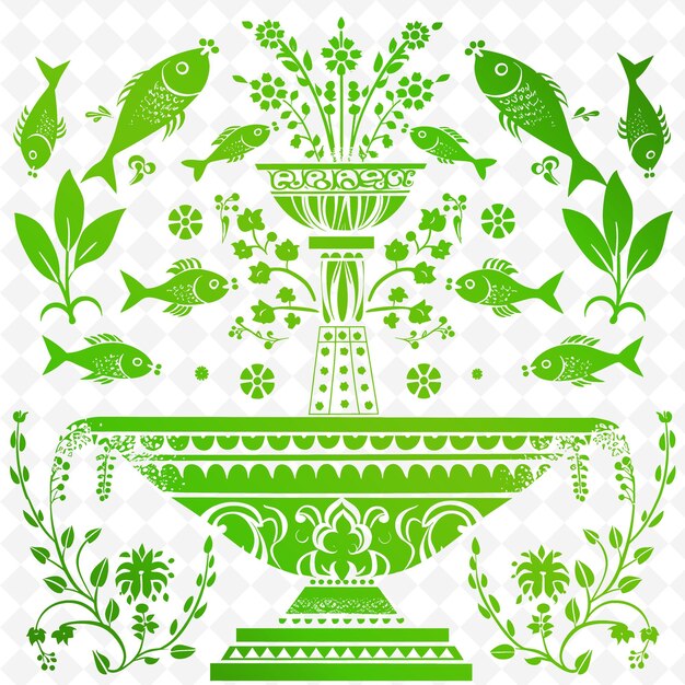 A collection of green and white images of fish and flowers