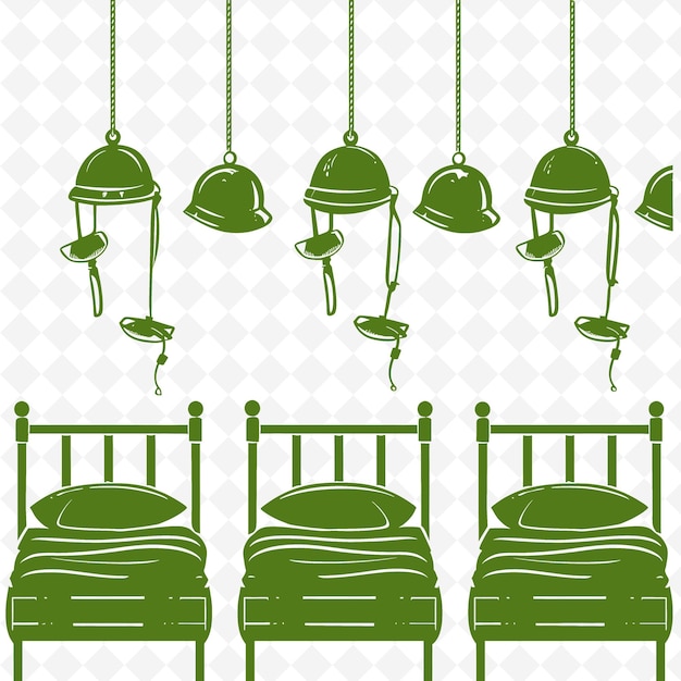 PSD a collection of hanging lamps and a bed with a green background