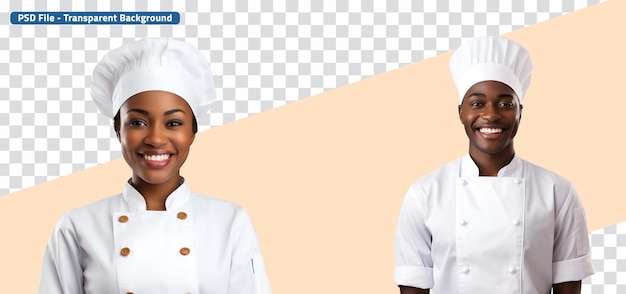 PSD collection of happy black male and female chefs cooks or bakers in uniform and chef hat