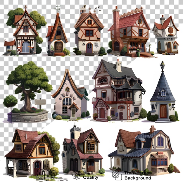 A collection of houses that is on a transparent background with png file