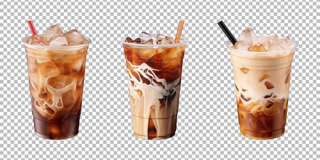 PSD collection of iced coffee in plastic takeaway glass isolated on a transparent background