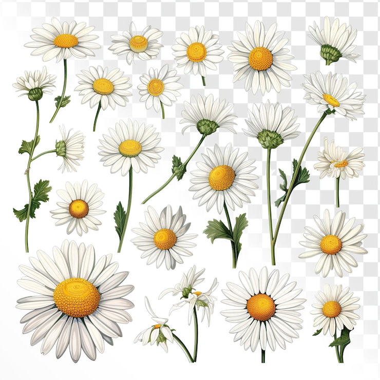 PSD collection of illustrations daisy transparent background