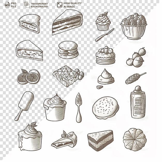 PSD collection of illustrations for food and restaurant with black outline on transparent