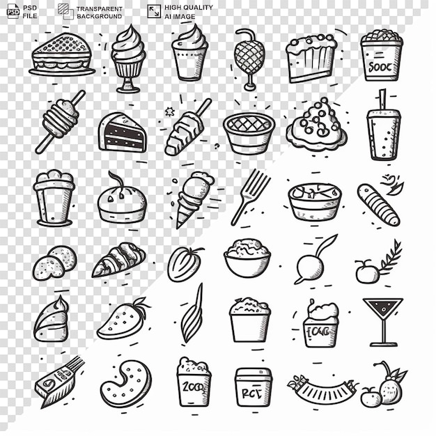 PSD collection of illustrations for food and restaurant with black outline on transparent