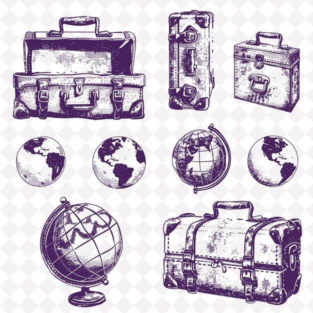 PSD a collection of images including a suitcase and globes