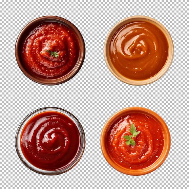 Raccolta di ketchup o salsa in una ciotola isolata su uno sfondo trasparente