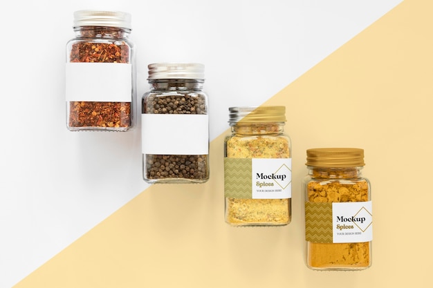 Collection of labeling jars with spices