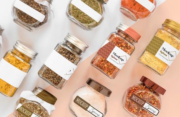 Collection of labeling jars with spices