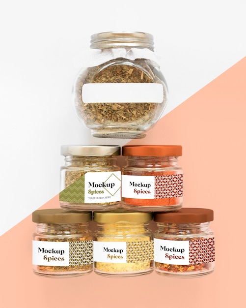 Collection of labeling jars with spices