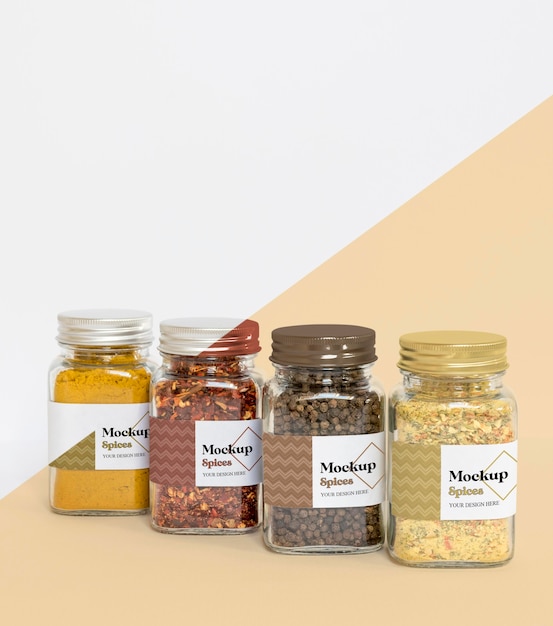 Collection of labeling jars with spices