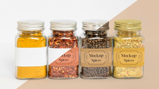 Collection of labeling jars with spices