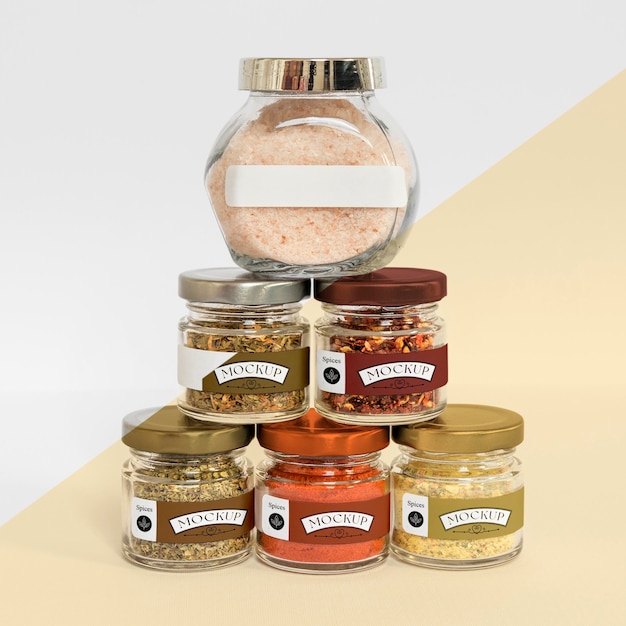Collection of labeling jars with spices