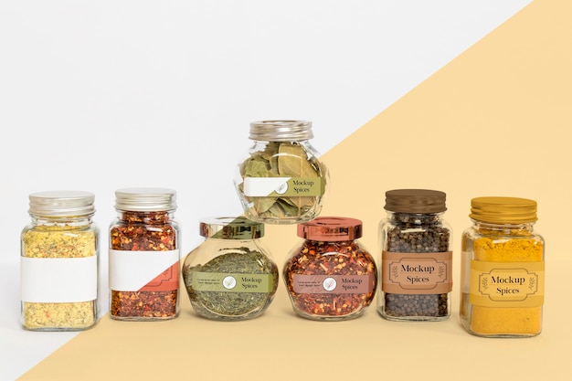 Collection of labeling jars with spices