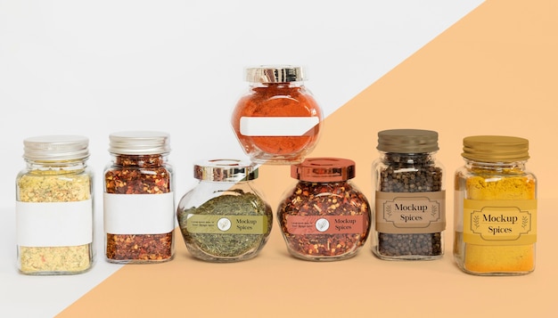 Collection of labeling jars with spices