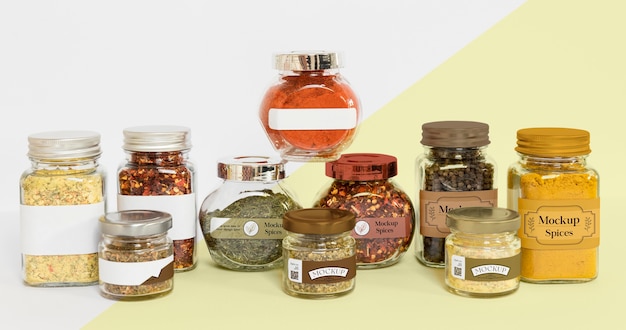 Collection of labeling jars with spices