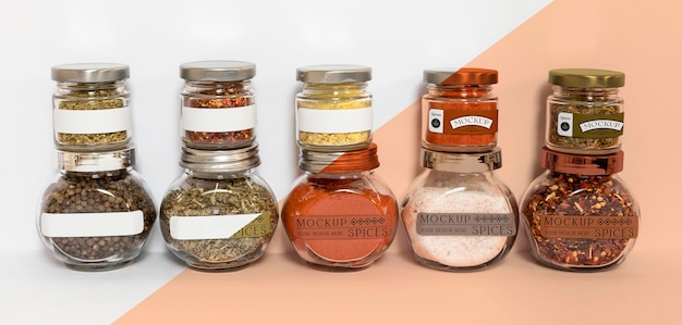 Collection of labeling jars with spices