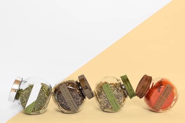 collection of labeling jars with spices