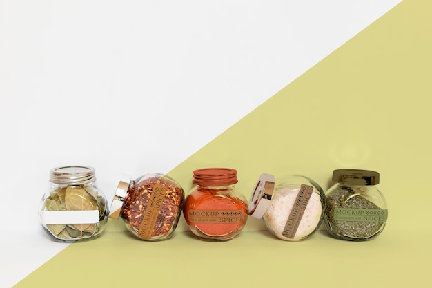 Collection of labeling jars with spices