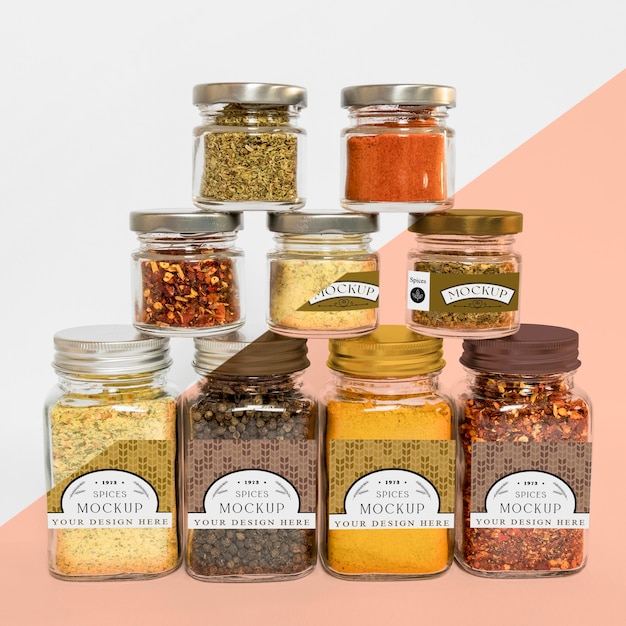 Collection of labeling jars with spices