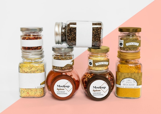 Collection of labeling jars with spices