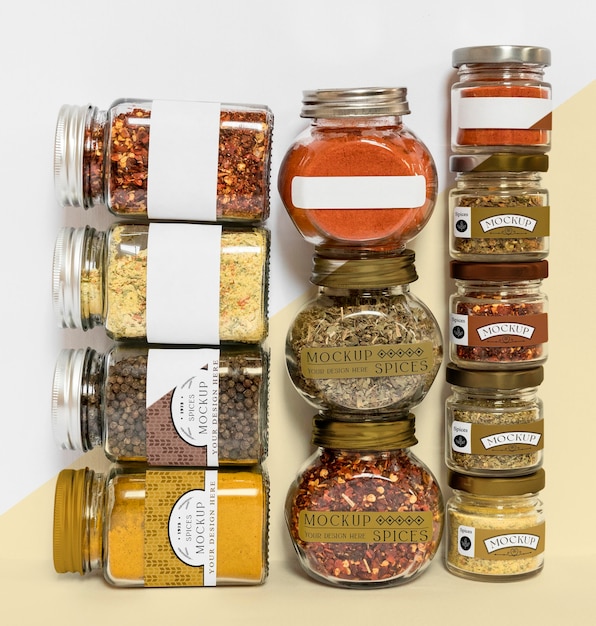 Collection of labeling jars with spices