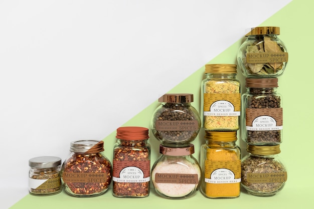 Collection of labeling jars with spices