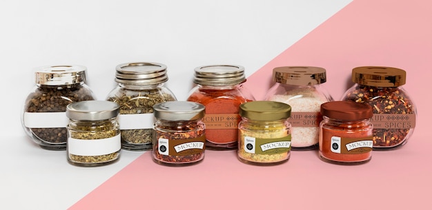 collection of labeling jars with spices