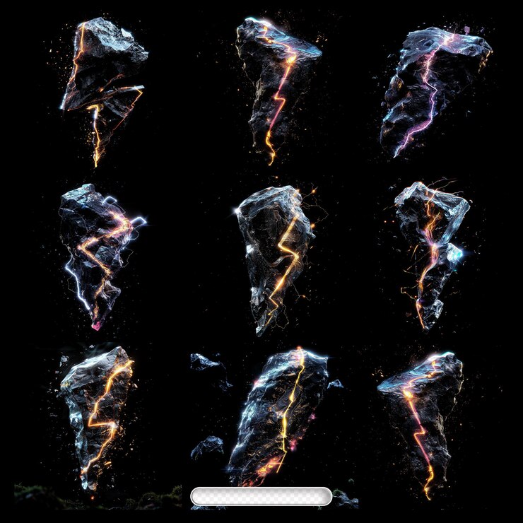 PSD collection of lightning rocks with vibrant electric effects on a transparent background