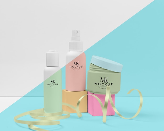 PSD collection of mock-up beauty products with ribbon