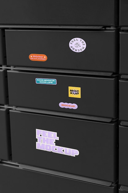 PSD collection of mock-up stickers on metallic locker