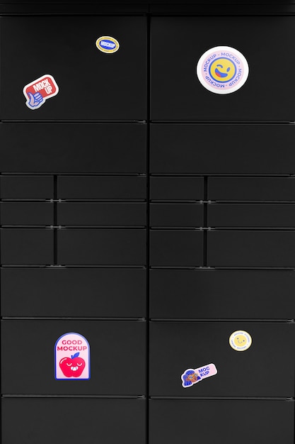 PSD collection of mock-up stickers on metallic locker