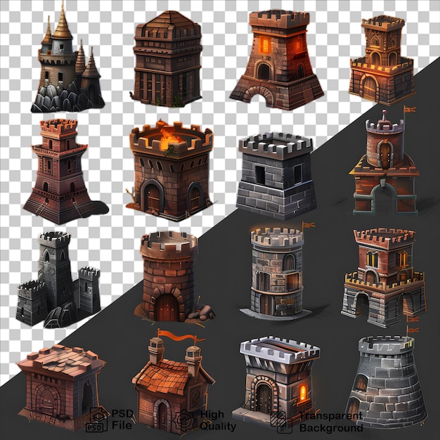 PSD una collezione di modelli di un castello con un edificio sullo sfondo