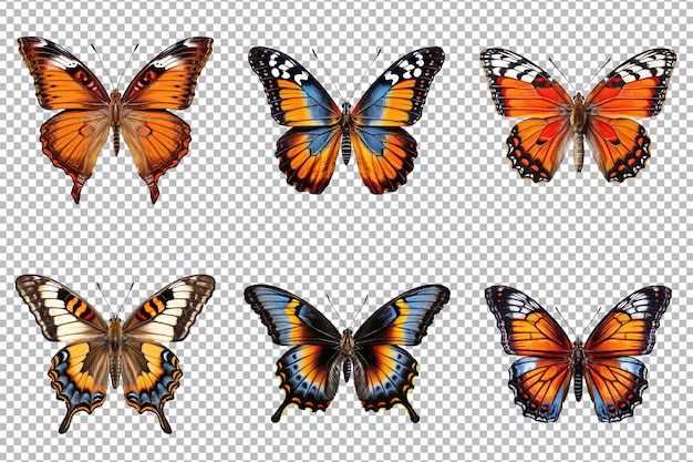 PSD collection of multicolored butterflies isolated on transparent background