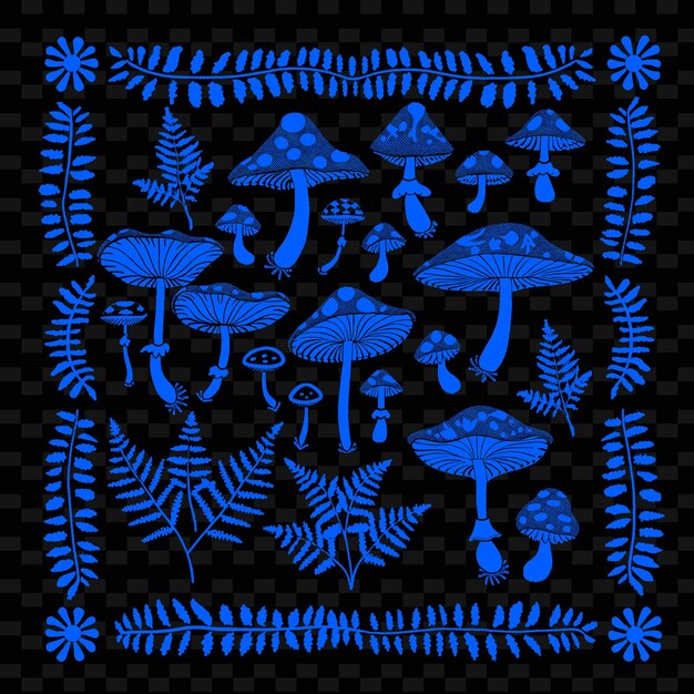 Una collezione di funghi e piante in blu e nero