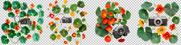 PSD Коллекция nasturtiums с винтажной камерой, изолированной на прозрачном фоне