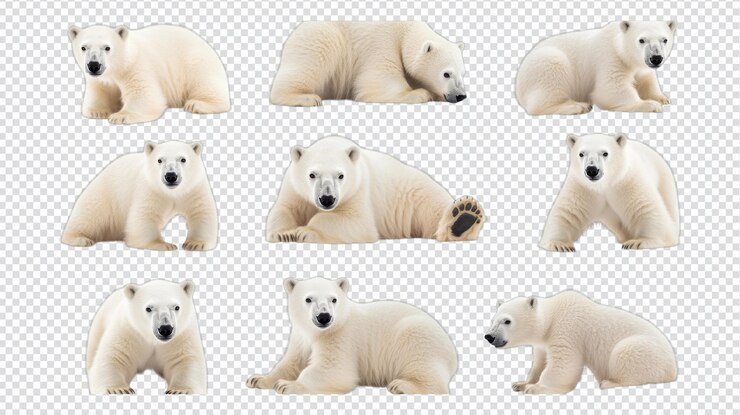 PSD 遊び心のある9匹の北極クマが透明な背景で様々なポーズで遊び心と特徴的な特徴を披露しています