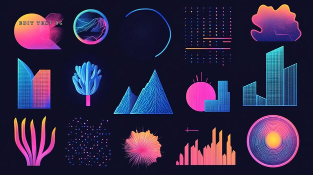 collection of abstract neon shapes lines and data visualizations