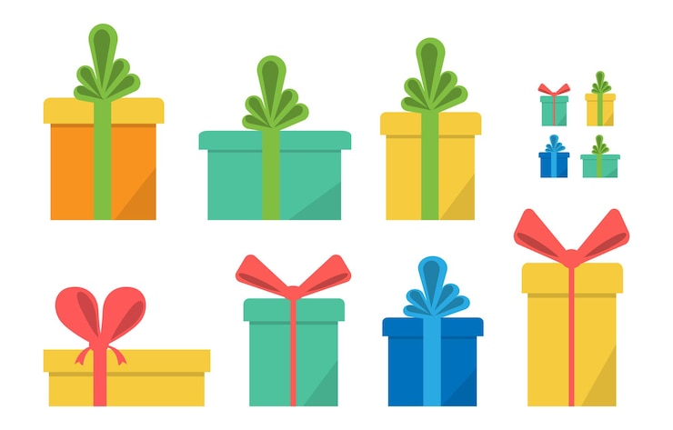 PSD collection of colorful gift boxes with various bows for celebrations